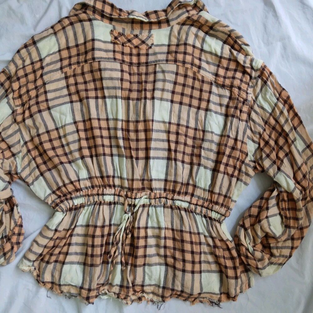 We The Free Pacific Dawn Peach Brown Plaid Button Down Top Boho Women's Shirt L - Picture 11 of 12